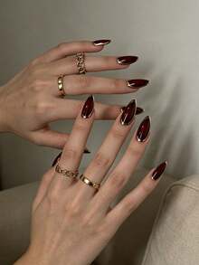 24pcs Medium-Long 3D Burgundy Gold Trim French Style Autumn/Winter Minimalist Gilded Almond Nails + 1pc Jelly Glue + 1pc Nail File - Multicolor - View 1
