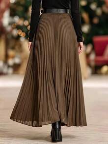 Elegant Women's Solid Color Pleated Long Skirt, Asymmetrical A-Line Design, Versatile For All Seasons, Suitable For Weddings, Office Commute, Evening Parties, Showcases Elegant Elegant And Flattering Silhouette - Coffee Brown - View 3