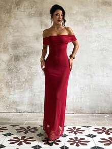 Autumn Solid Color Mesh Off-Shoulder Slit Dress, Elegant Dress For Party And Date - Burgundy - View 7