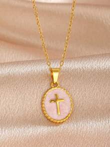 1pc Classic Rettro Gold Tone Colorful Cross Pendant Necklace Blue White Pink Oval Enamel Charm Vintage Y2K Layered Jewelry Gift - Multicolor - View 3