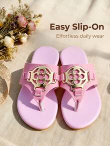 Pink Gold Metal Ornament Girls Flip-Flops Thong Sandals Soft Breathable Premium Faux Leather Summer Beach Shoes - Pink - View 3