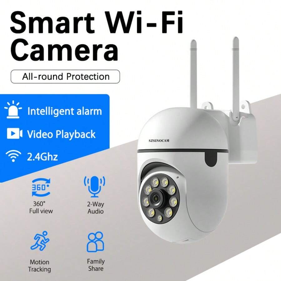 szsinocam 1PC 1080P PTZ WiFi Camera,2.4G Outdoor Monitoring Cam,355°Horizontal‑90°Vertical Rotation,Motion Tracking,Two‑Way Audio,Full‑Color Night Vision,24H Recording,USB Powered,Power Adapter Not Included - White - View 1