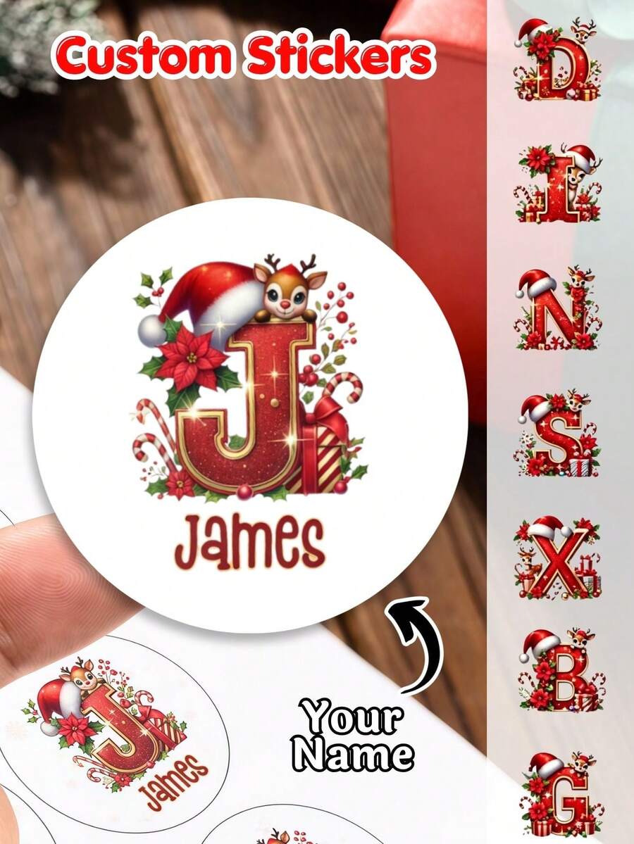 Customized Personalized Christmas Reindeer Initial Round Stickers, Christmas Hat Letter Name Stickers, Christmas Gift Box Sealing Labels, Custom Name Stickers For Christmas And Gift Wrapping, Party Favor Decoration Stickers, Perfect For Family Gifts - Multicolor - View 1