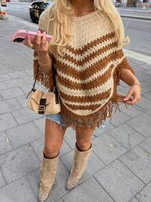 New Bohemian Vintage Loose Fit Sleeveless Horizontal Striped Hem Tassel Design Hollow Texture Breathable Summer Vacation Sweater - Khaki - View 4