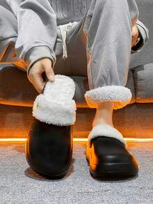 Men's Fuzzy Lined Clogs, Warm Fleece Lined Slip‑On Winter Shoes Non‑Slip Thick Sole Indoor Outdoor Slippers - Black - View 4