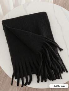 1pc Women's Black Cashmere-Like Solid Color Scarf With Tassels, Soft Shawl, Suitable For Spring, Autumn, Summer And Winter - Black - View 3