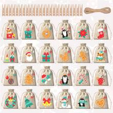 CARRIECUR 24Pcs Christmas Advent Calendar Bags, Simple Color Block Xmas Elements Linen Drawstring Gift Pouches With Number Print, Wooden Clothespins & Jute Twine, DIY Xmas Countdown Candy Treat Gift Sacks - View 16