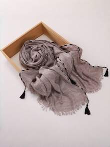 1pc Perforated Drawstring Tassel Hijab, Women Muslim Modest Headscarf, Hand‑Made Textured Tie‑Dye Scarf Shawl - Tassel String-through Textured Scarf - View 12