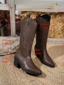 weiweiting European And American Vintage Western Cowboy Boots Women's Winter New Fashion Pointed Toe Chunky Heel Tall Riding Boots Fashion Boots Holiday - Brown - View 4