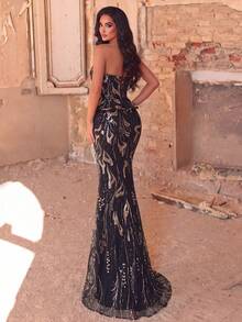 Stunning Heart-Neckline Floral Sequin Gown With Ruffled Waist And Tie-Back Open Back Design, Suitable For Galas, Formal Banquets, Red Carpet Events And Charity Balls - Black - View 2