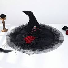 Halloween Gothic Black Velvet Witch Hat, Red Rose Lace Mesh Veil, Beaded Chain Tassel Ruby Decor, Cosplay Dark Bride Party Accessory - Black - View 5
