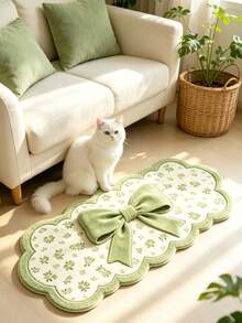 1pc Green Wavy Edge Bow Knot Rug, Faux Cashmere, Thickened Carpet, Thick Carpet, Fuzzy Carpet, Autumn/Winter Carpet, Thickened Carpet, Decorative Carpet, Bedroom Decor - Lime Green - View 2