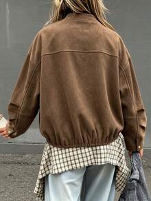 Women's Basic Baseball Short Jacket, Stand Collar Full Zip Loose Long Sleeve Fit, Side Pocket Design, Suitable For Daily Commute And Street Casual Looks - Brown - View 2
