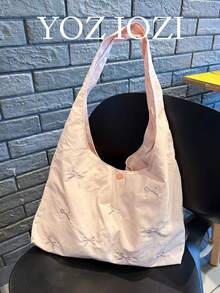 開學季清新Ins風粉色極簡時尚甜美蝴蝶結刺繡托特包 大容量女款藝術慵懶學生上課外出購物托特包 - 粉色 - 查看 1