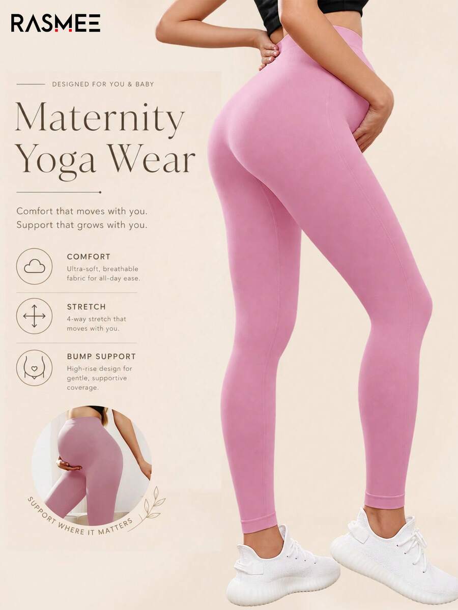 Maternity Seamless High Waist Stretch Solid Color Leggings, Suitable For Daily Casual Wear - Baby Pink - View 1