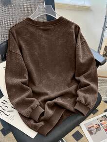 Rose Print Crew Neck Long Sleeve Sweatshirt, Casual Fashion, Suitable For Girls Autumn/Winter Wear - Brown - View 2