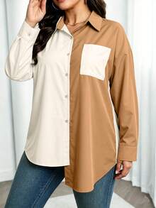 Women's Plus Size Long Sleeve Shirt, Single-Breasted Pocket Top, Contrast Color Design - Khaki - View 3