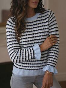 Women's Colorblock Horizontal Striped Knit Pullover, Round Neck Long Sleeve Sweater, Ruffle Flare Cuffs, Textured Wavy Stripes, Fresh And Gentle - Blue and White - View 5