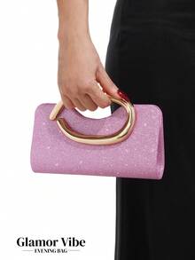1pc Women's Elegant Pink Glitter Handbag, Luxury Sparkling Rhinestone Sequin Metal Detail Box Bag With Detachable Metal Chain Crossbody Strap, Evening Clutch For Wedding, Party, Ball, Nightclub, Formal Occasions, Dress Matching, Pink Wallet - Pink - View 4