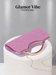 1pc Women's Elegant Pink Glitter Handbag, Luxury Sparkling Rhinestone Sequin Metal Detail Box Bag With Detachable Metal Chain Crossbody Strap, Evening Clutch For Wedding, Party, Ball, Nightclub, Formal Occasions, Dress Matching, Pink Wallet - Pink - View 6