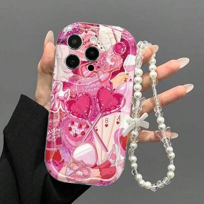 Wavy Edge Sweet & Cool Rose Pink Heart Lollipop Poker Collage Print Phone Case With Pearl Bow Charm Chain, Compatible With Galaxy S22/23/24/S25/A04/05/06/A07/A17/A14/A15/A16/A24/A25/A34, Note 7/8/9/10/11/12/13/14, 9/10/12/13C/14C/A5, Honor X, HW, C53 C55, 17/16/11/13/15 Plus/15 Pro/15 Pro Max/12/14 Pro Max/11 Pro Max/12 Pro/12 Pro Max/13 Pro/13 Pro Max/14 Pro/14 Plus, Honor X7B 4G