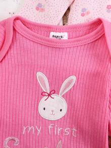 DILAVEL 3pcs Baby Long Sleeve Jumpsuit Set, My First Easter Rabbit Print Baby Girl Jumpsuit Set, Soft Cotton Newborn Baby Girl Jumpsuit - Baby Pink - View 4