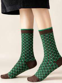 1/5 Pasang Kaos Kaki Setengah Betis Wanita Motif Vintage Acak, Desain Pola Houndstooth Kompleks Gaya Kampus, Kaos Kaki Hangat Nyaman untuk Musim Gugur/Dingin, - MultiWarna - View 4