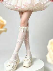 1 Pair Gentle Style Bowknot Lace Hollow Mid-Calf Socks, Women's Ruffled Mesh Breathable Elastic Socks, Sweet Lolita Y2K Girl Style, Cosplay Party Date JK Outfit Matching Decorative Socks - Multicolor - View 1
