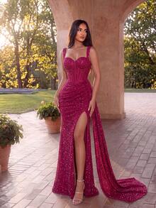 ADYCE Elegant Thick Strap Sequin Boning High Waist High Slit Backless Lace-Up Train Long Evening Gown Wedding Party Fall - Hot Pink - View 5