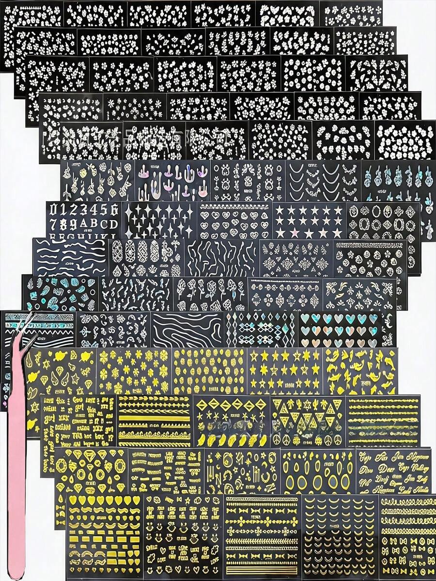 90片金色線條與白色花卉美甲貼紙，女性與女孩美甲裝飾配件，附鑷子
