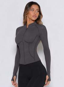 Never me Women's Sports T-Shirt High Neck Zipper Long Sleeve Slim Fit Base Layer Thumbhole Cuffs Patchwork Line Design - Grey - View 4