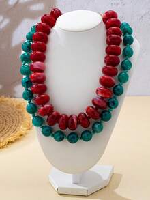OABE Set Kalung Manik-Manik Bertingkat Gaya Bohemian 2pcs/Set dengan Blok Warna Merah & Hijau, Cocok untuk Pemakaian Sehari-hari Wanita - MultiWarna - View 7