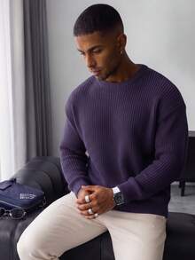 Men's Autumn/Winter Basic Solid Color Casual Fitted Lightweight Sheer Polyester Pique Texture Niche Design Long Sleeve Drop Shoulder Crew Neck Pullover Sweater - Mauve Purple - View 4