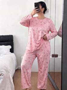 Women's Plus Size Pajama Set, Floral Print, Long Sleeve Long Pants Loungewear Set, Autumn/Winter Clothing - Pink - View 5