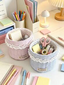 5/1pc Heart‑Shaped Quilted Surface With Delicate Lace Trim,Creates Soft Aesthetic For Your Vanity Desk Cylindrical Large‑Capacity Design,Holds Cosmetics,Hair Accessories And Desktop Sundries,Lightweight Soft Fabric Basket,Suitable For Bedroom - Multicolor - View 3
