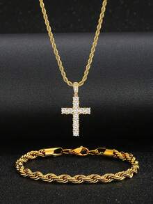 2pcs/Set Hip Hop Iced Out Rhinestone Cross Pendant Twist Rope Chain Necklace Bracelet Streetwear Jewelry For Boys Party Daily Wear Gift - Multicolor - View 9