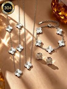 Silver Textured Four-Leaf Clover 4pcs Set Stainless Steel Necklace Bracelet Earrings Luxury Lucky Clover Women's Jewelry Suitable For Holiday And Daily Wear - Silver - View 2