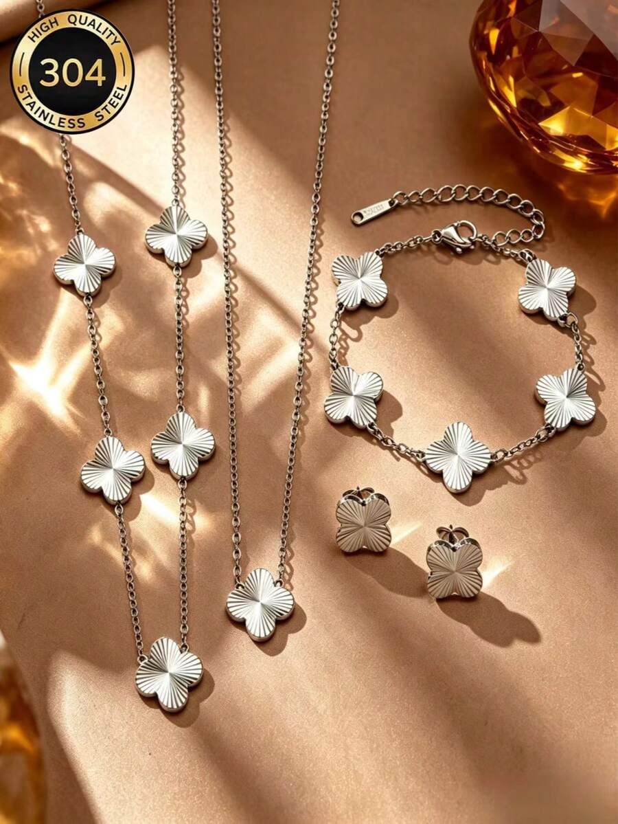 Silver Textured Four-Leaf Clover 4pcs Set Stainless Steel Necklace Bracelet Earrings Luxury Lucky Clover Women's Jewelry Suitable For Holiday And Daily Wear
