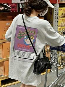 Women's Round Neck Long Sleeve T-Shirt, Spring/Autumn New Anime Cartoon Character & Letter Print, Fashion Casual Versatile Loose Top - Light Gray - View 2