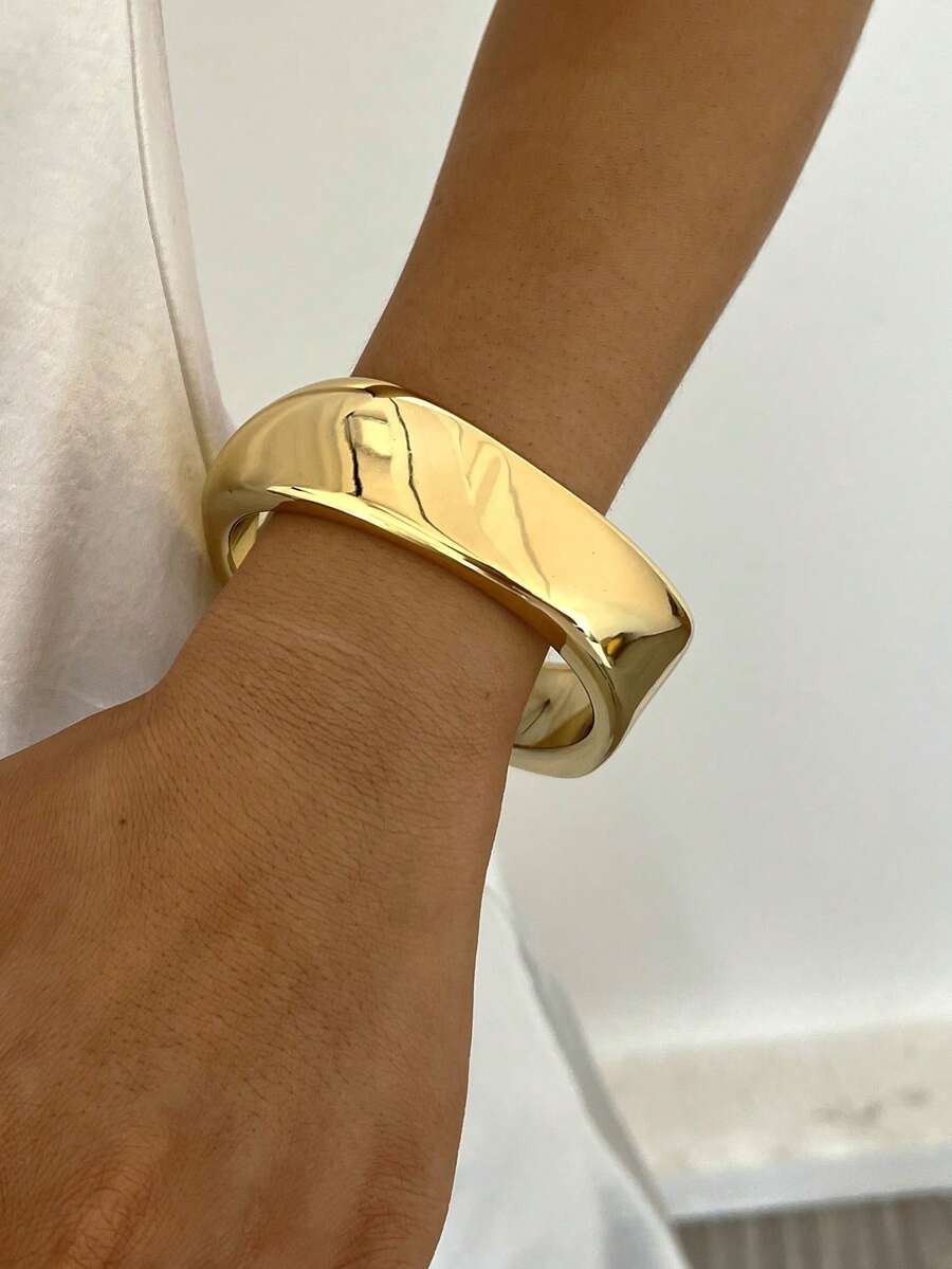 1 pieza Brazalete grueso minimalista elegante y exquisito de diseño vintage con cinta geométrica ondulada asimétrica cuadrada CCB de metal pulido liso para vacaciones, fiesta, cita, regalo, uso diario y personalizado - Amarillo Oro - Ver 1