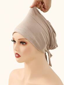 1pc Women's Solid Color Non-Slip Elastic Band Adjustable Scarf Beanie Hat - Light Khaki B - View 7