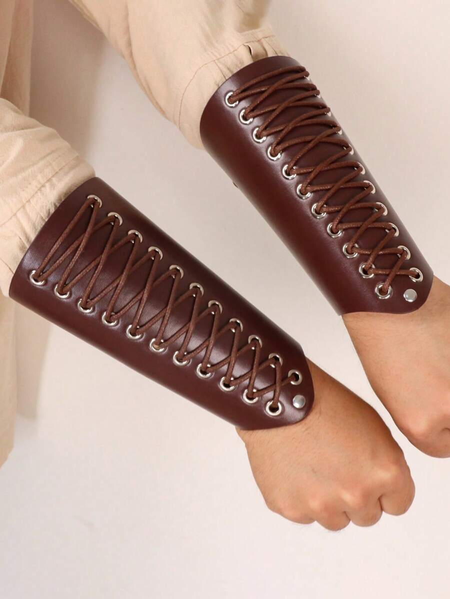 1 Pair Medieval Vintage Leather Bracers, Unisex Lace-Up Arm Guards, Viking Ranger Renaissance LARP Costume Accessories, Halloween GOS Outfit Accessories For Women And Men - ZSJ - View 1