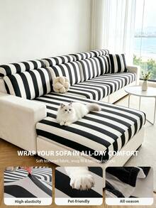 Vertical Stripe Sofa Cushion Slipcover, 1‑Piece Elastic Sofa Seat Cover, Pet Friendly Scratch‑Proof Washable Sofa Protector For 1 2 3 4 Seater & L‑Shape Sectional Sofa, Soft Decorative Furniture Pad - Beige - View 1