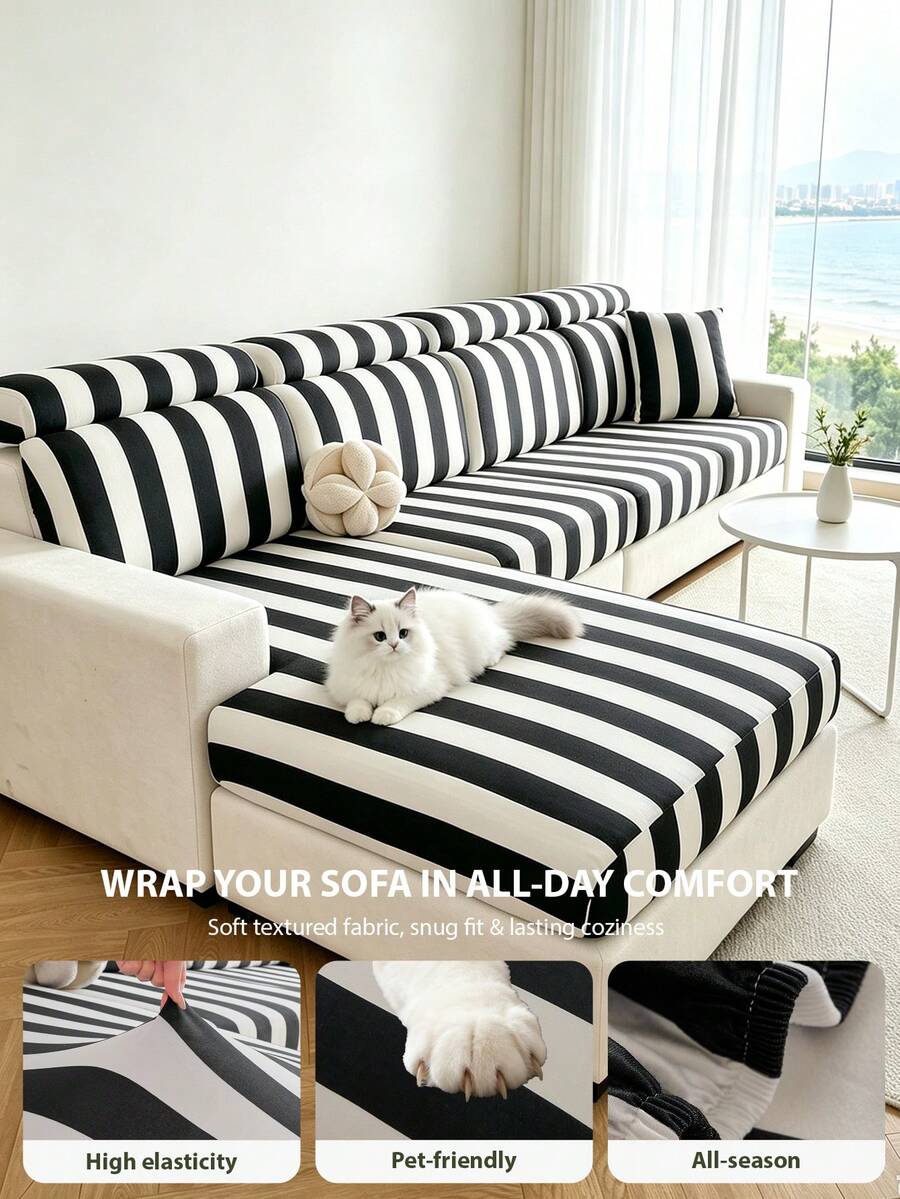 Vertical Stripe Sofa Cushion Slipcover, 1‑Piece Elastic Sofa Seat Cover, Pet Friendly Scratch‑Proof Washable Sofa Protector For 1 2 3 4 Seater & L‑Shape Sectional Sofa, Soft Decorative Furniture Pad - Beige - View 1