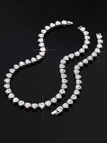 2pcs Heart-Shaped Rhinestone Tennis Chain Set, Heart-Shaped Rhinestone Necklace + Bracelet, Gold Hip-Hop Style Accessories, Niche Unisex Jewelry - Heart Necklace Set - View 2