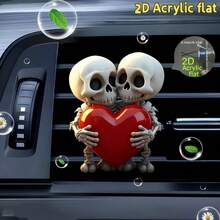 2D Flat 1pc Couple Skull & Heart Pattern Car Air Vent Clip Decor, Acrylic Cartoon Ornament With DIY Scent Addition, Car Interior Accessory, Holiday Gift - A - View 2