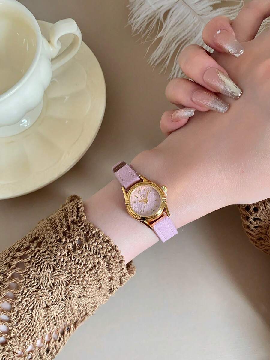 1pc Pink Mini Round Watch, Pink Dial, PU Strap, Gold Case, Sweet Vintage Style, Suitable For Daily Wear - Pink - View 1