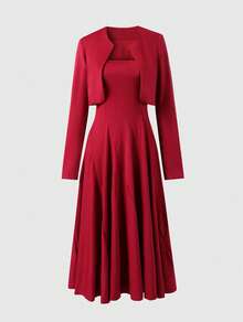 2pcs/Set Elegant French Style Business Commute Outfit, Fitted 3/4 Sleeve Blouse + Straight Pencil Skirt, Refined Workwear Suit - Burgundy - View 2