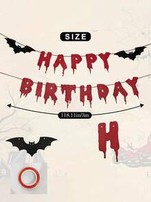 Red Glitter Happy Birthday Halloween Banner, Halloween Decoration - Halloween Hanging Paper Garland Triangular Flag Blood-Colored Bat Vampire Decor, Wall Home Fireplace Office Wall Photo Backdrop, Horror Party Supplies, Halloween Gift, Party Decoration, DIY Hanging Decor - A - View 9