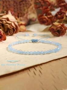 Faceted Natural Aquamarine Tiny Bead Minimalist Bracelet, Protection Intention Reiki Dainty Handmade Adjustable Friendship Jewelry For Women Men - Baby Blue - View 8